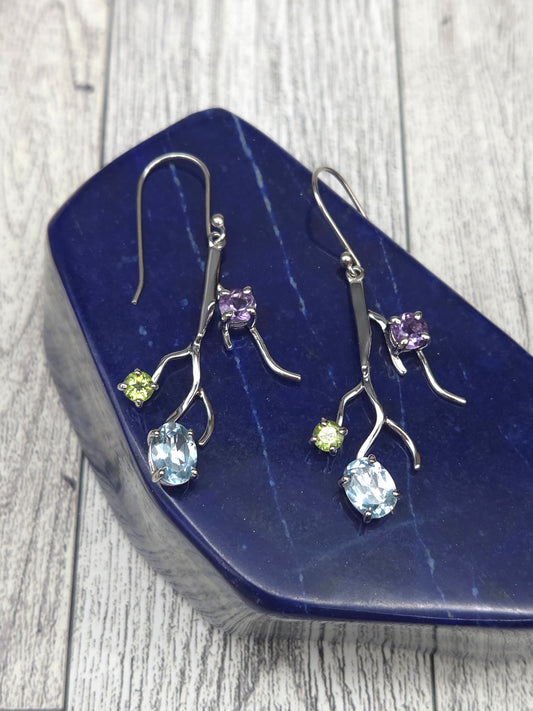 Peridot Amethyst Blue Topaz Branch Earrings