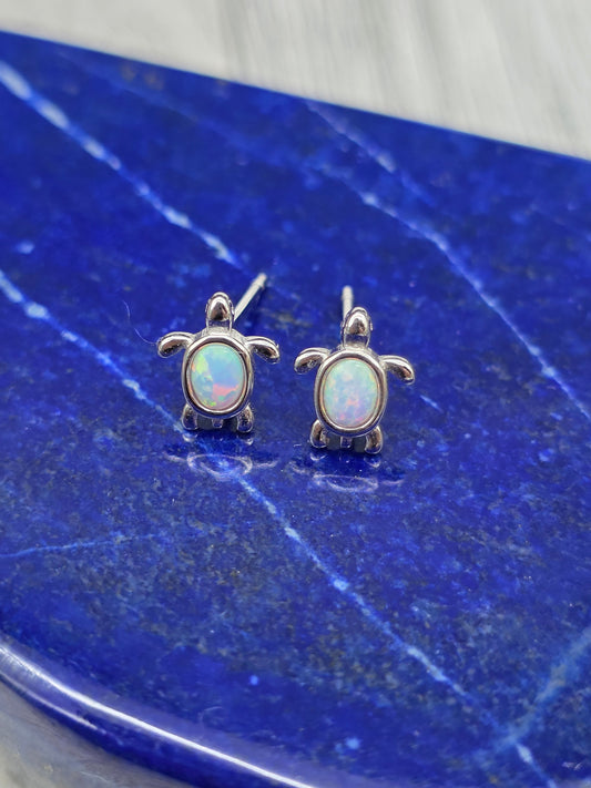White Opal Turtle Post Earrings