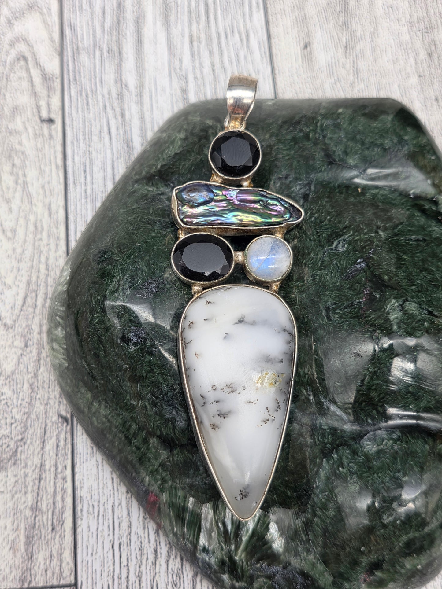Dendritic Opal Moonstone Faceted Obsidan Statement Pendant