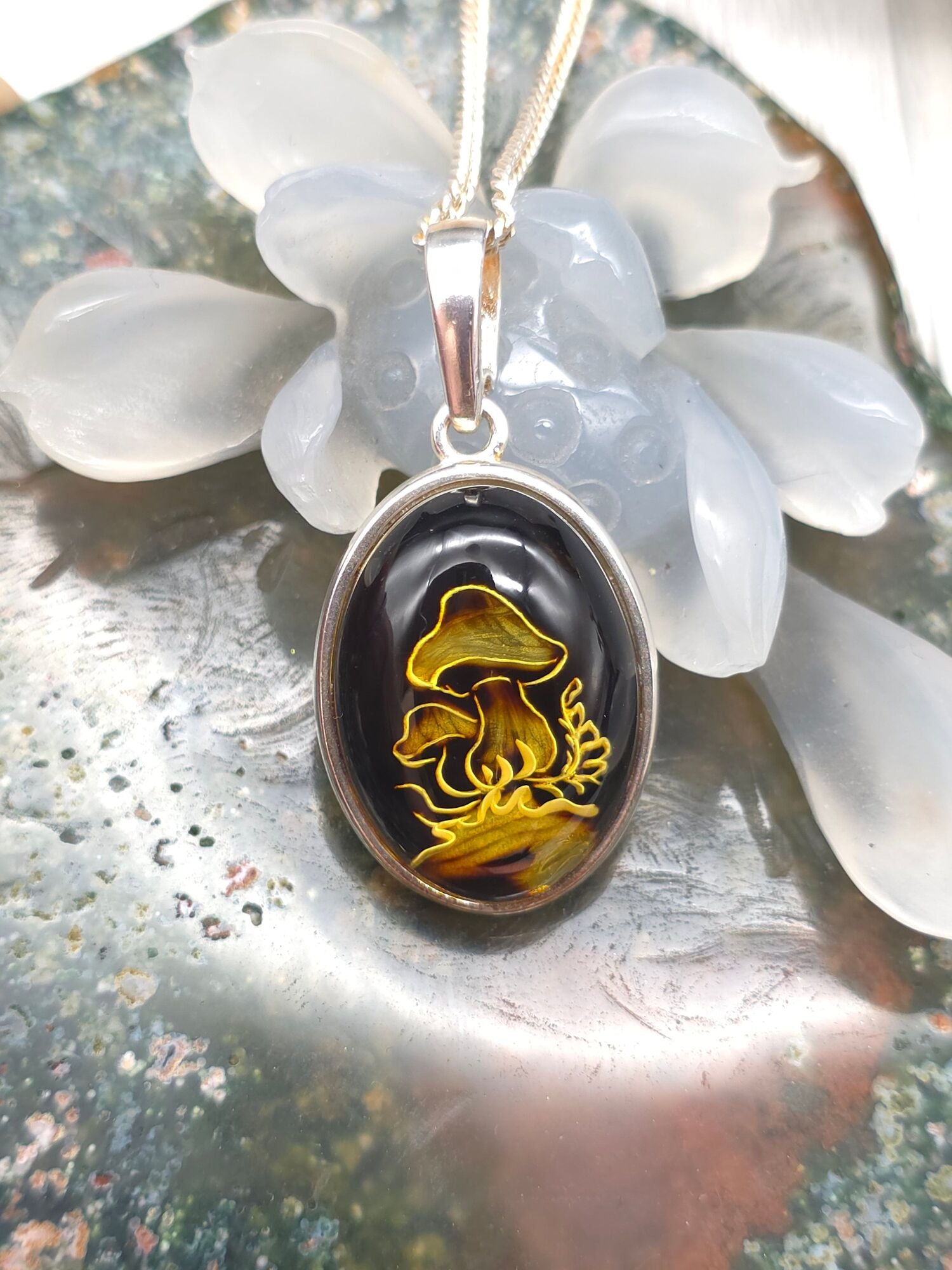Hand-Carved Amber Pendant with Mushrooms