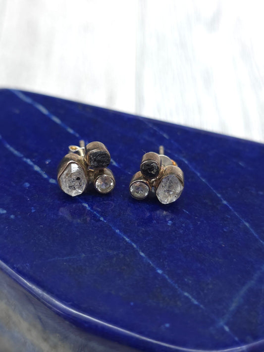 Herkimer Quartz Black Tourmaline White Topaz Post Earrings