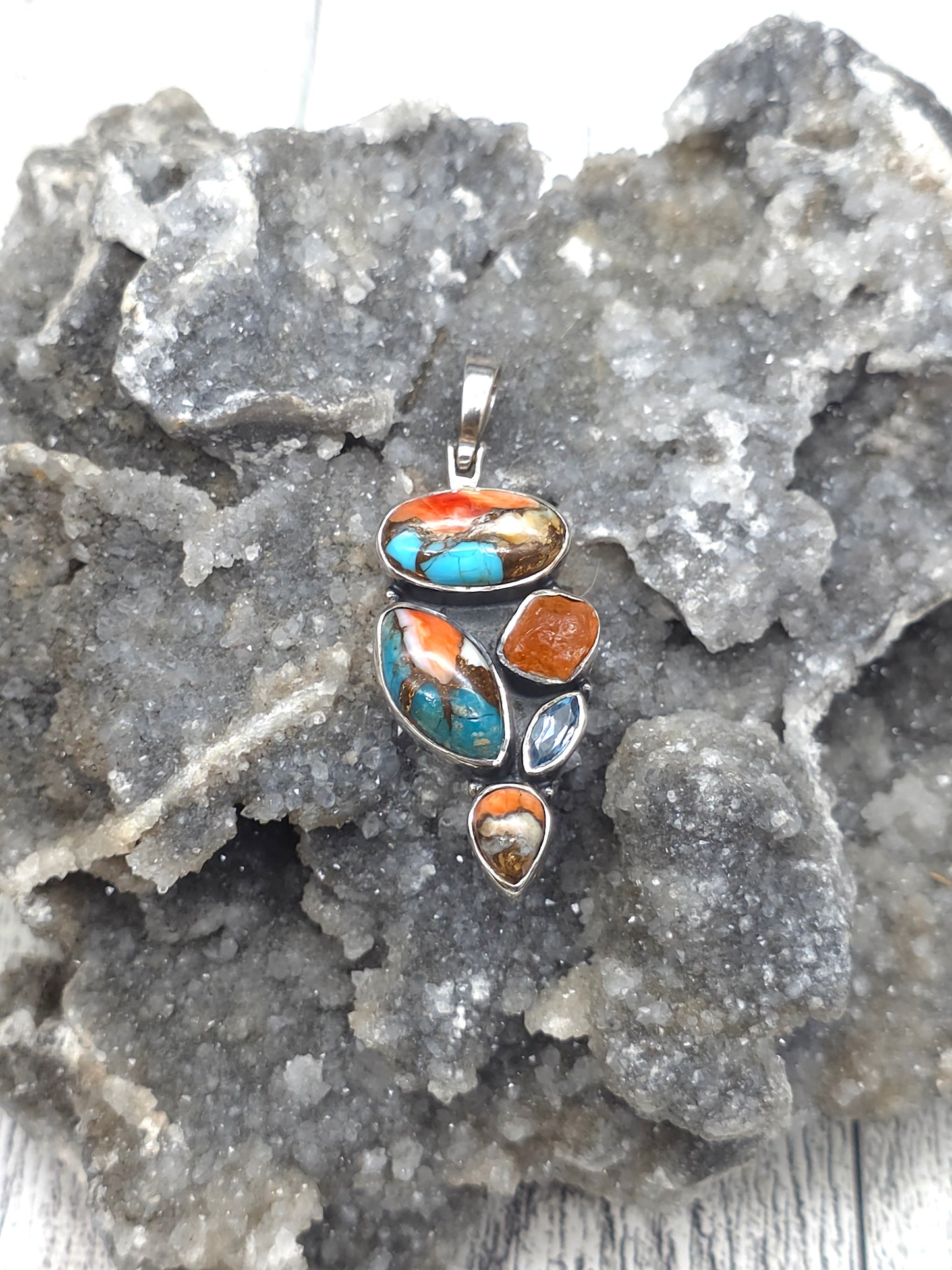 Spiny Oyster Turquoise Pendant with Orange Kyanite and Swiss Blue Topaz