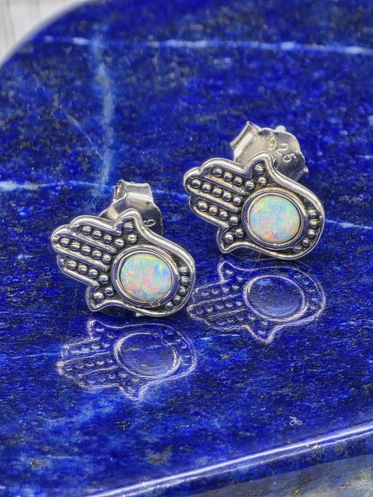 White Opal Hamsa Post Earrings