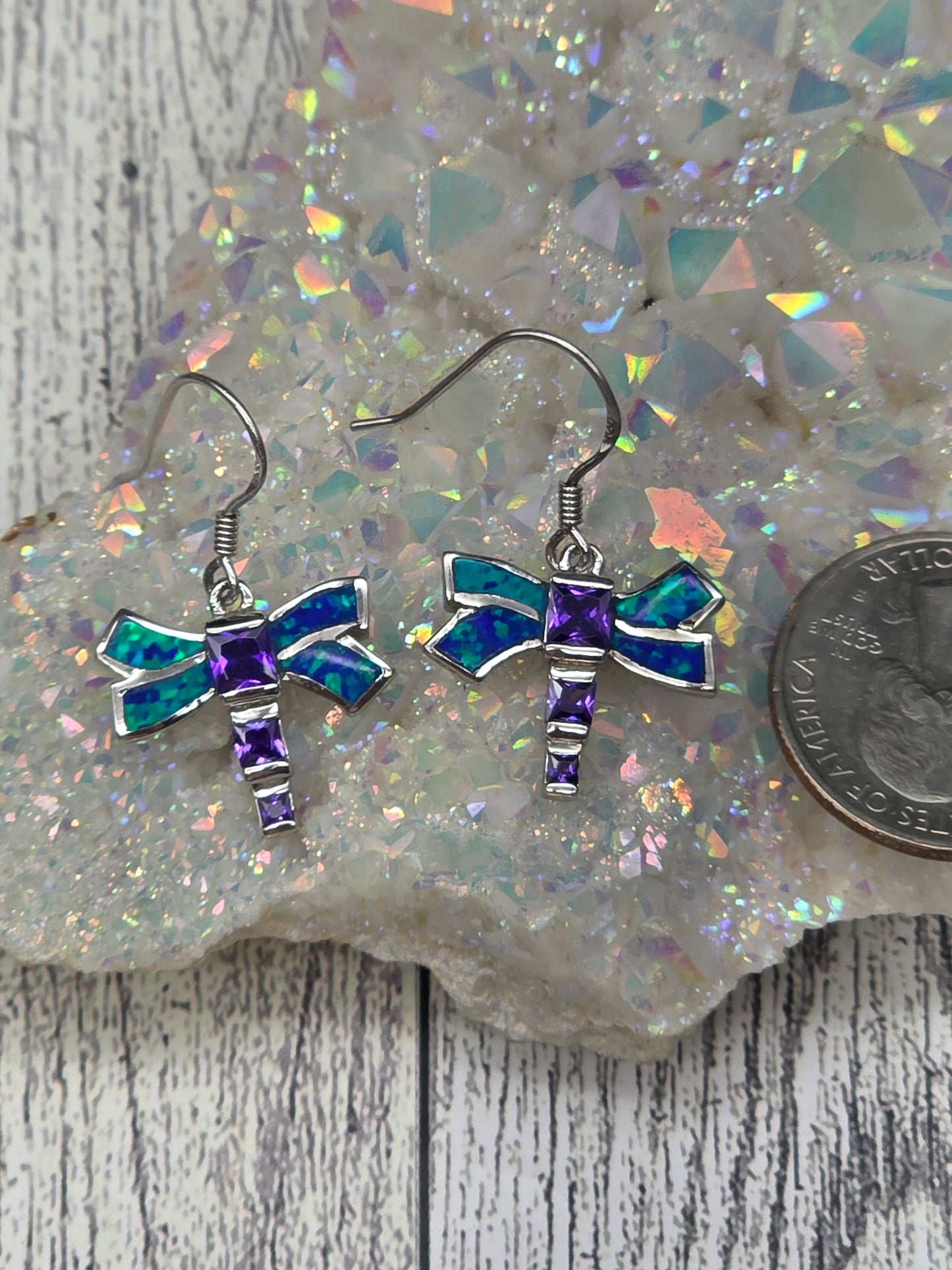 Blue Opal Amethyst Dragonfly Earrings