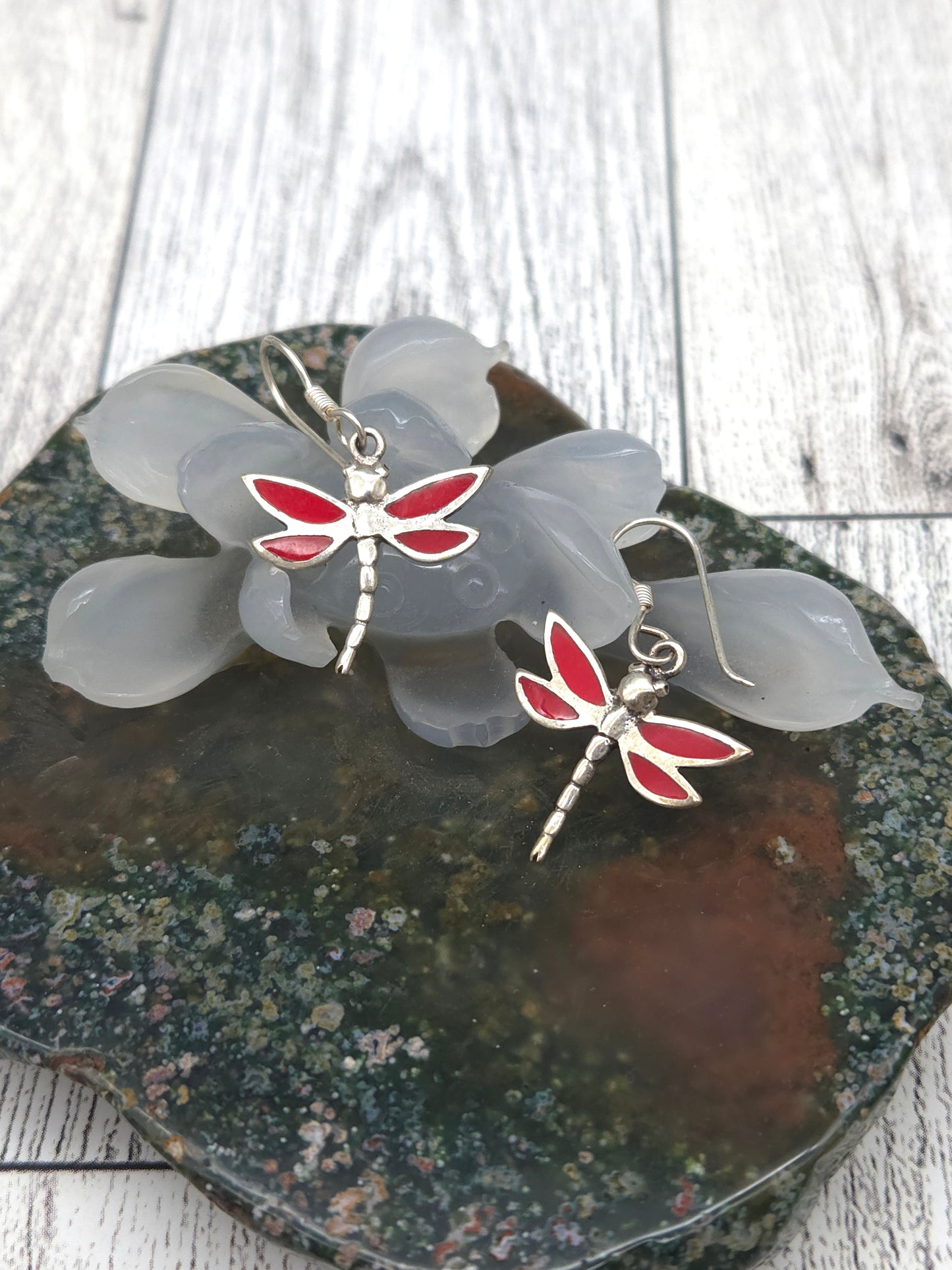 Sterling Silver Lapis Lazuli or Red Coral Dragonfly Earrings