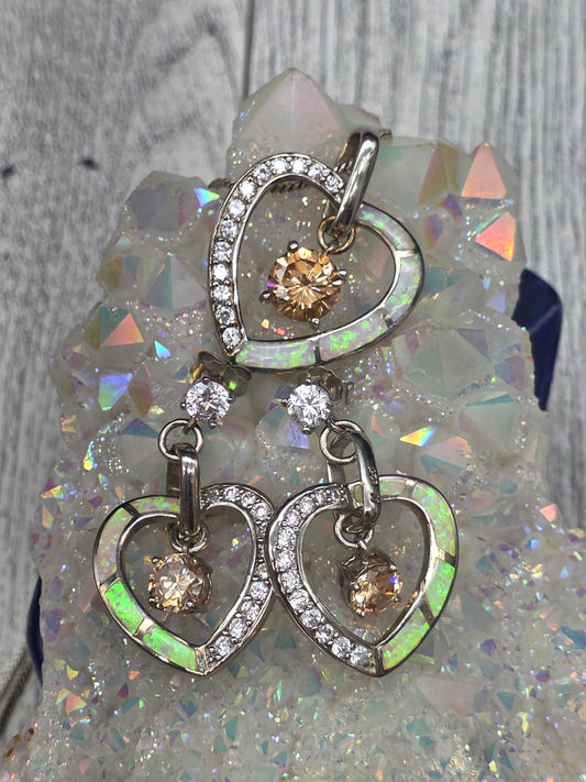 White Opal and Citrine Heart Earring and Pendant Set