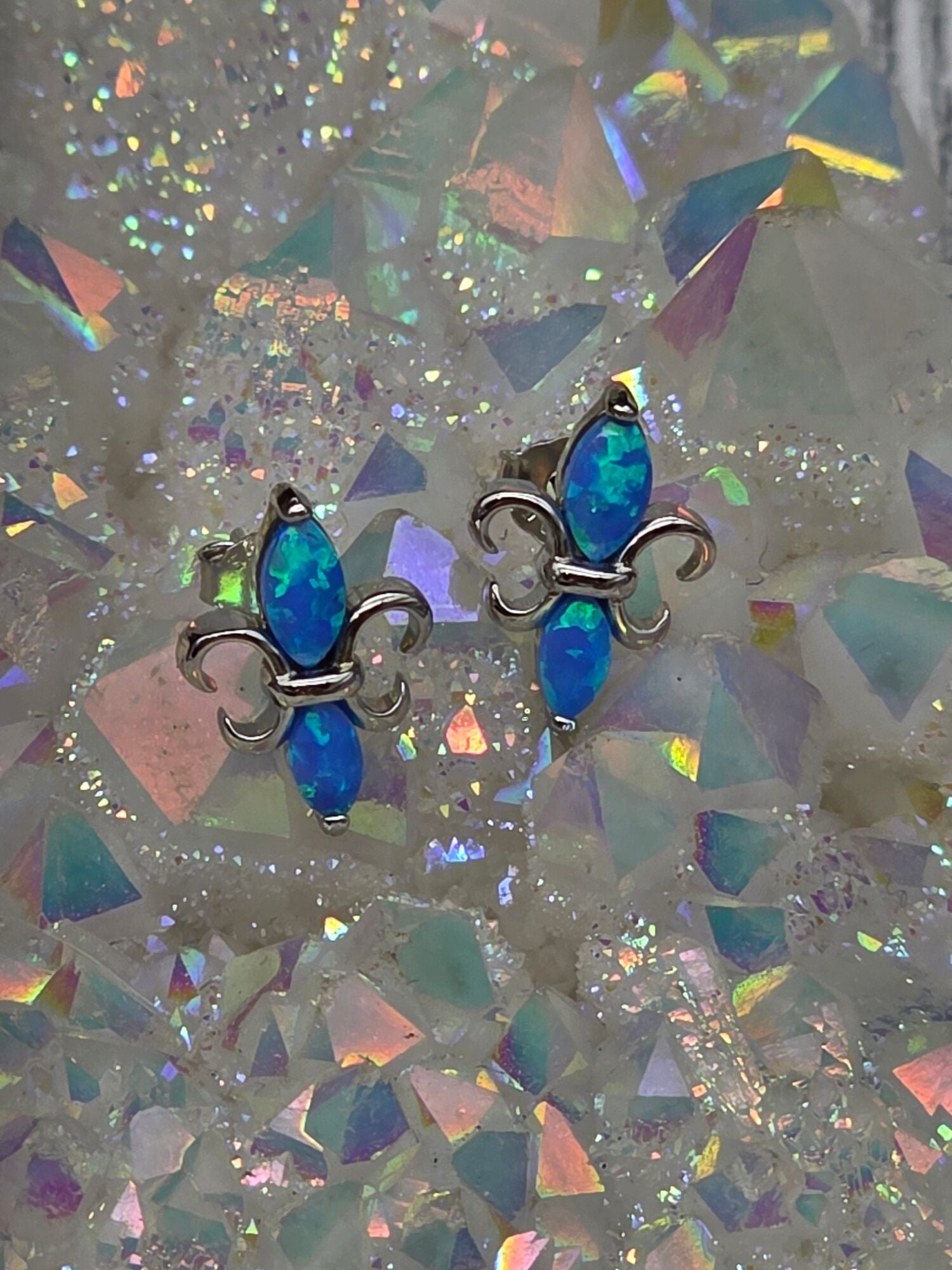 Fleur De Lis Blue Opal Post Earrings