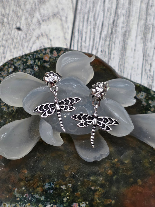 Sterling Silver Dragonfly Post Dangle Earrings
