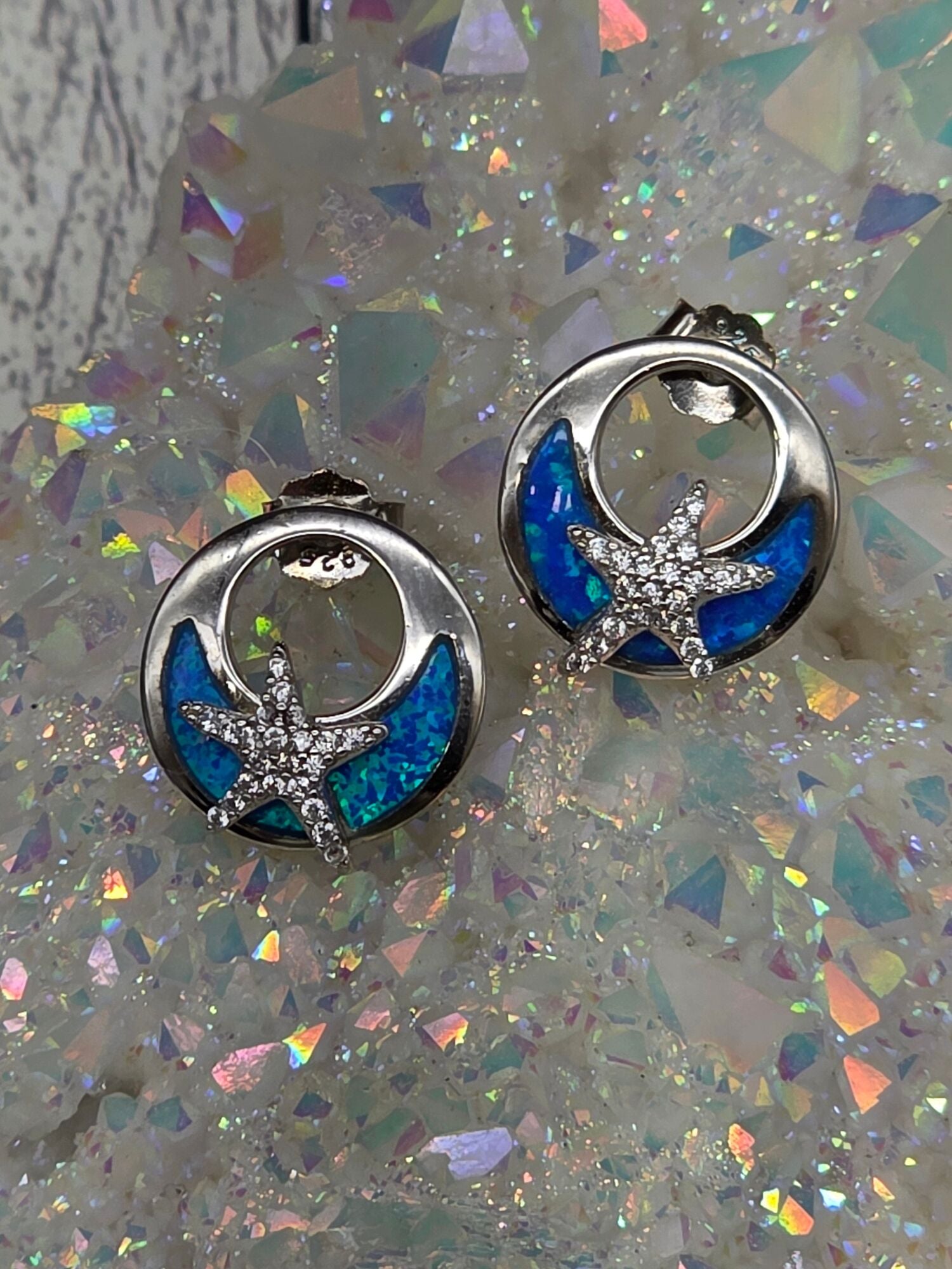 Blue Opal Sterling Silver Starfish Post Earrings