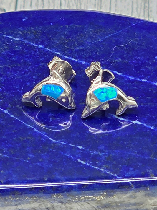Blue Opal Dolphin Post Earrings