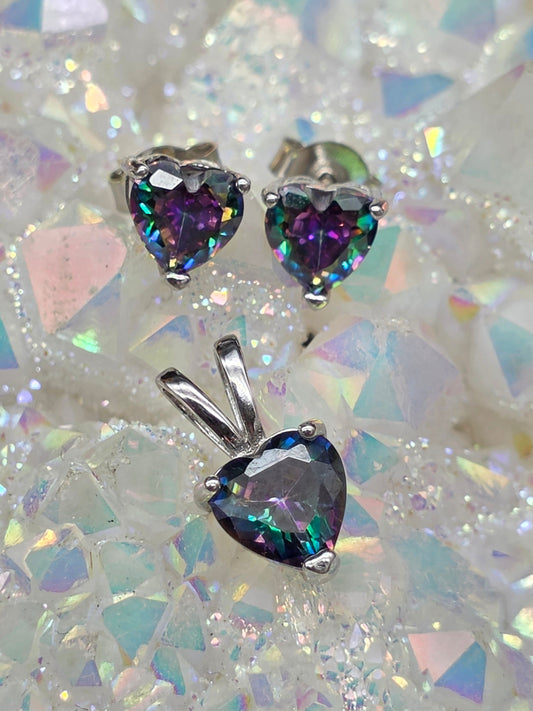 Mystic Rainbow Topaz Heart Earring & Pendant Set