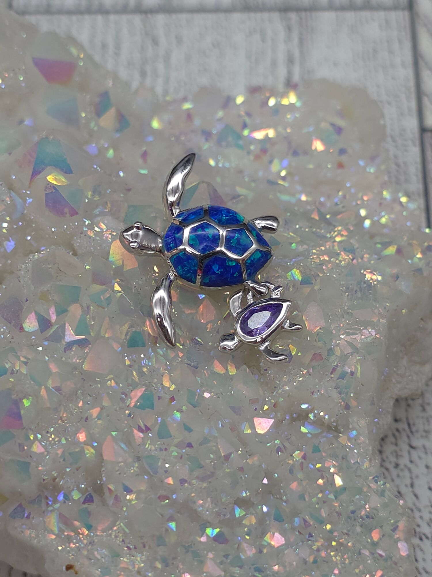 Blue Opal Amethyst Turtle Pendant