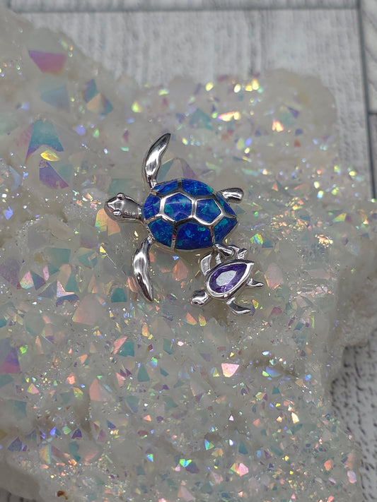Blue Opal Amethyst Turtle Pendant