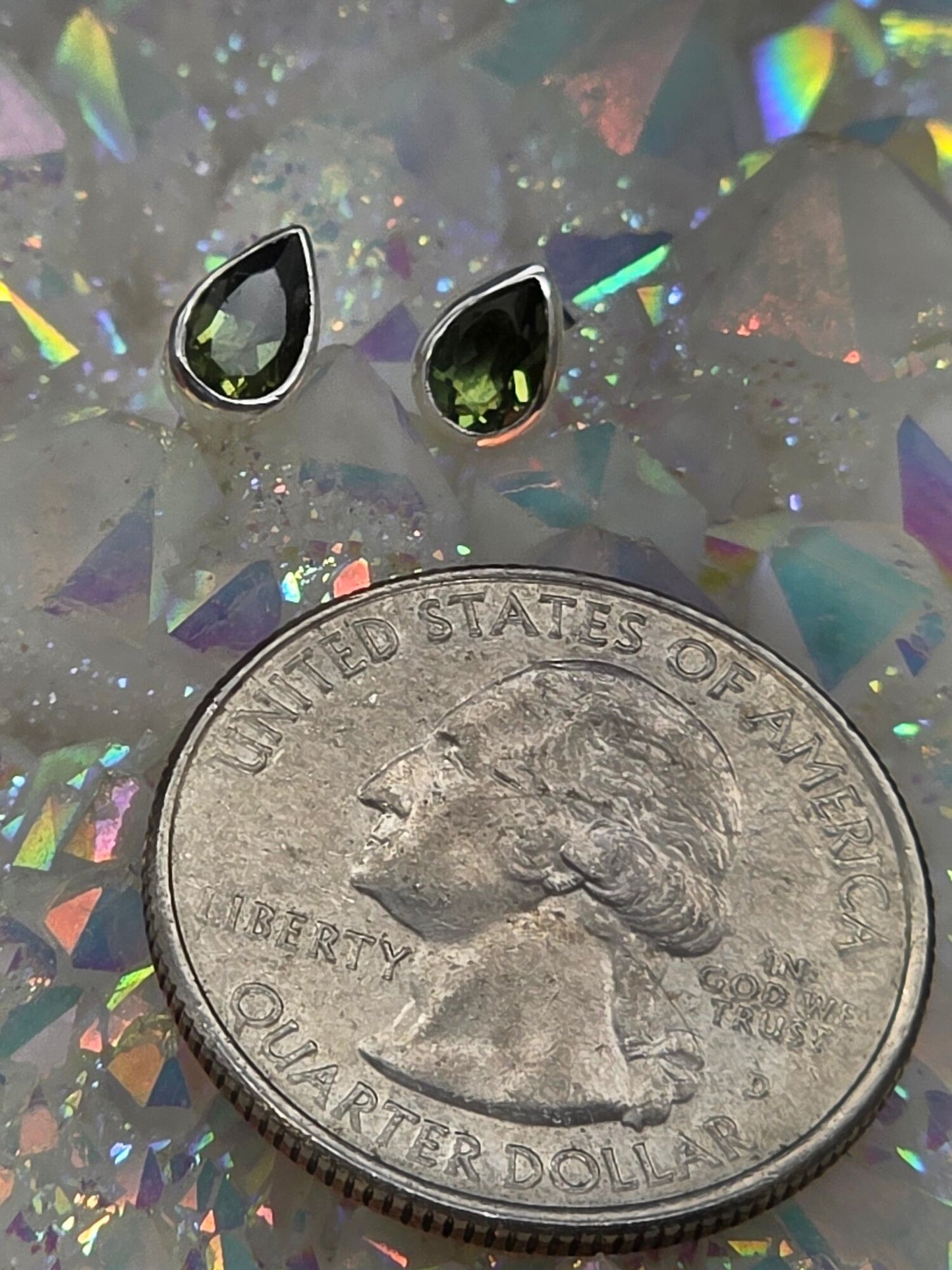 Faceted Moldavite Teardrop Post Earrings - alternate view