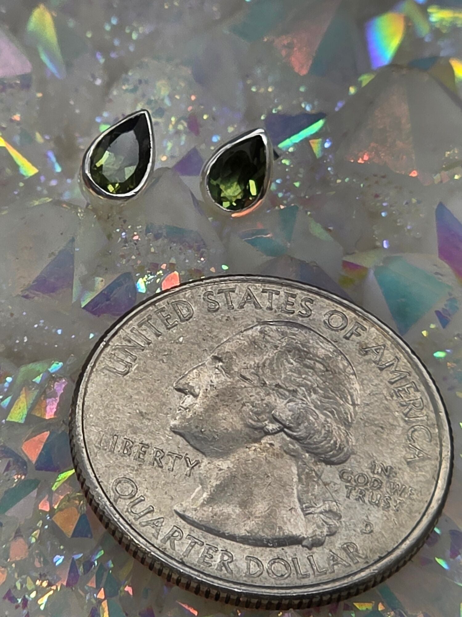 Faceted Moldavite Teardrop Post Earrings - alternate view