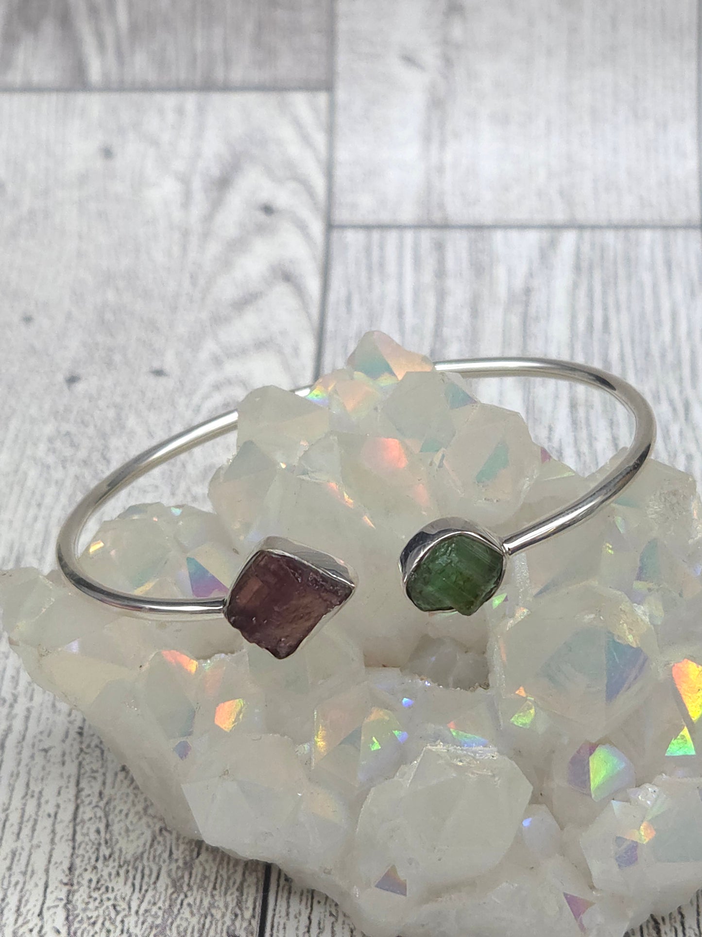 Pink and Green Tourmaline Cuff Bracelet - detail shot