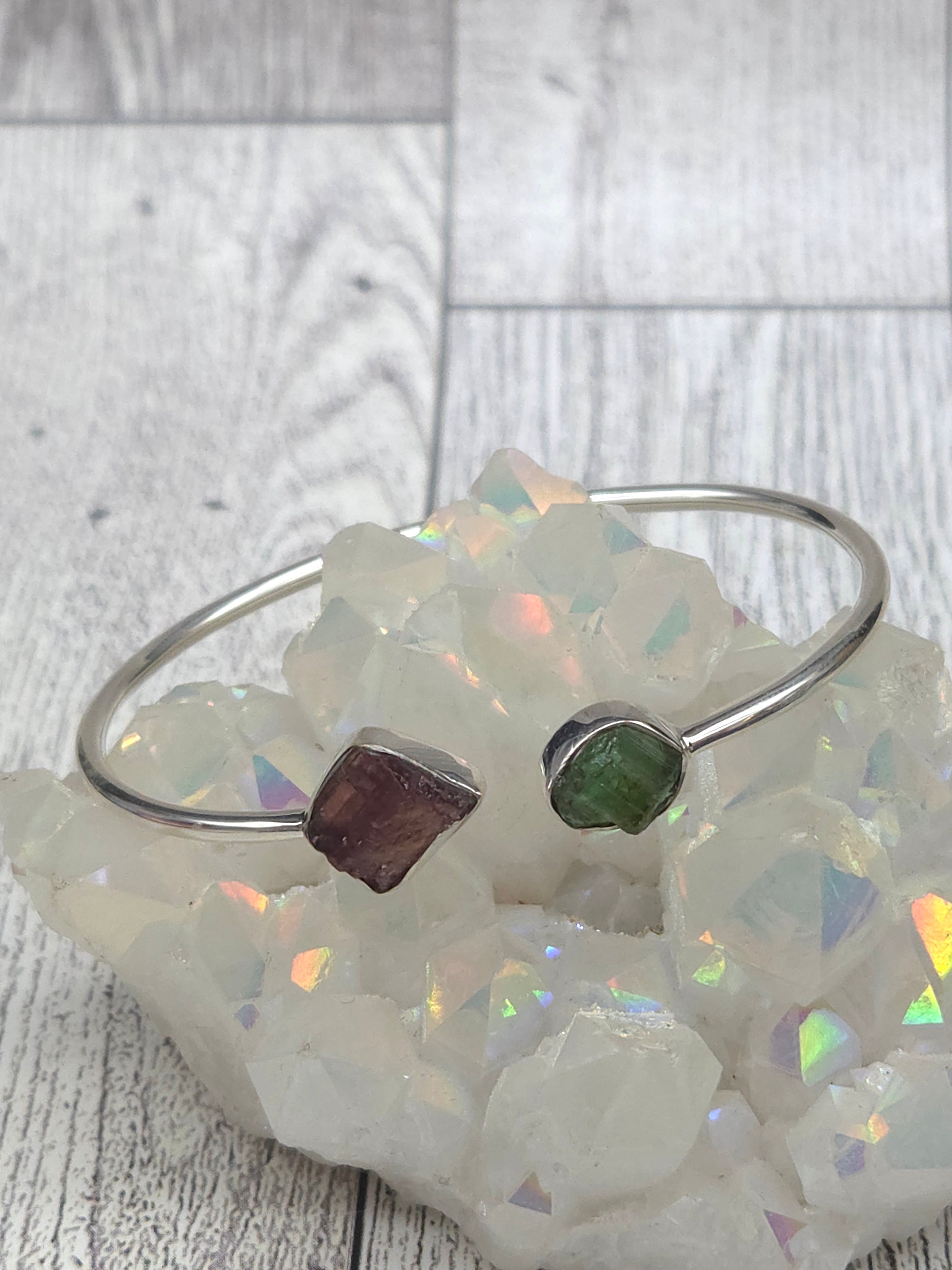 Pink and Green Tourmaline Cuff Bracelet - detail shot