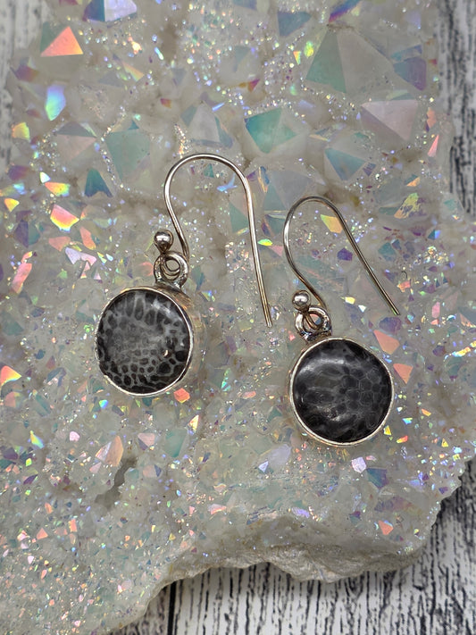 Round Black Coral Hook Earrings