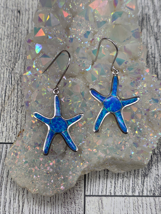 Blue Opal Starfish Hook Earrings
