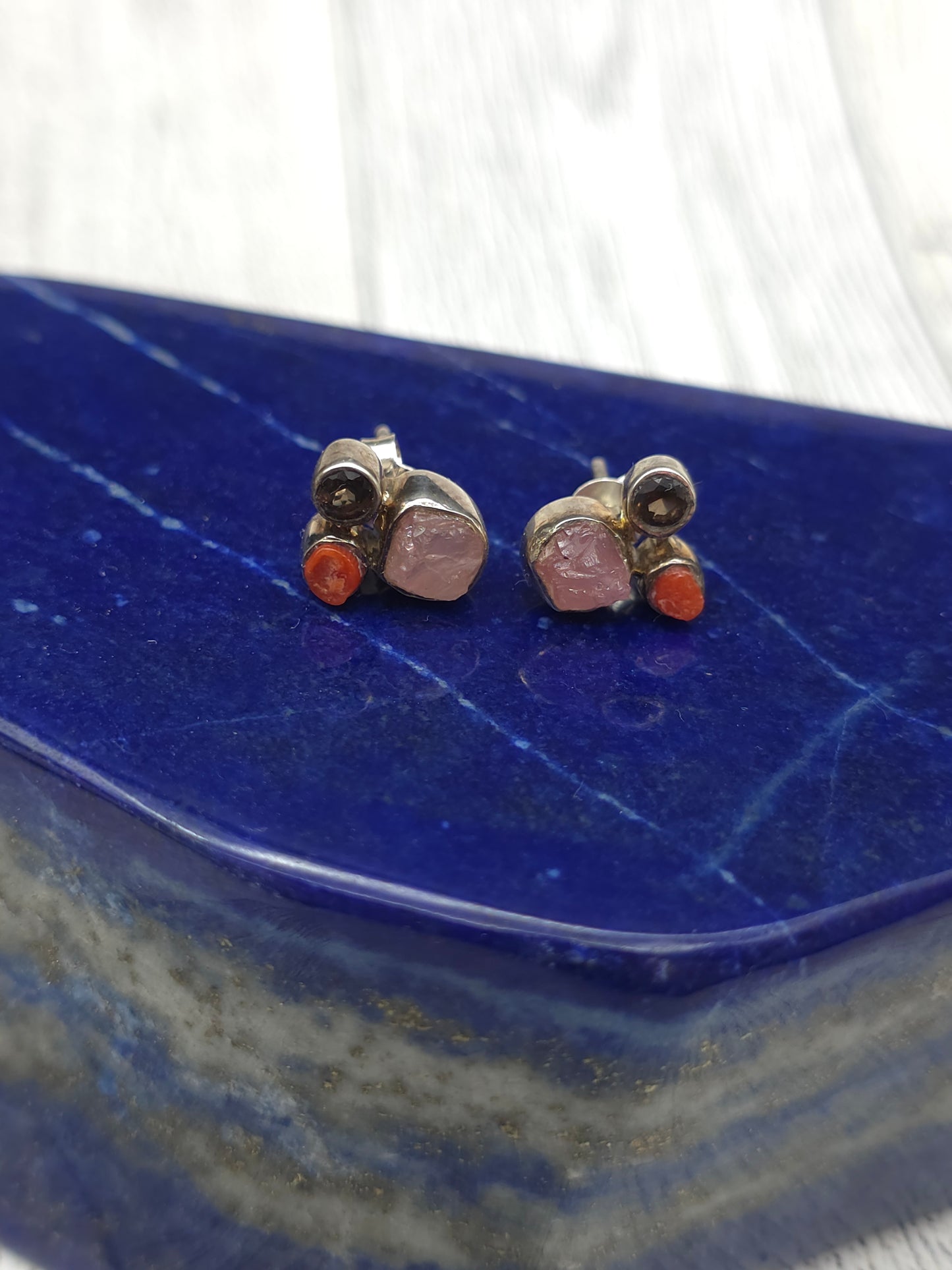 Rose Quartz Coral Smokey Quartz Post Earrings