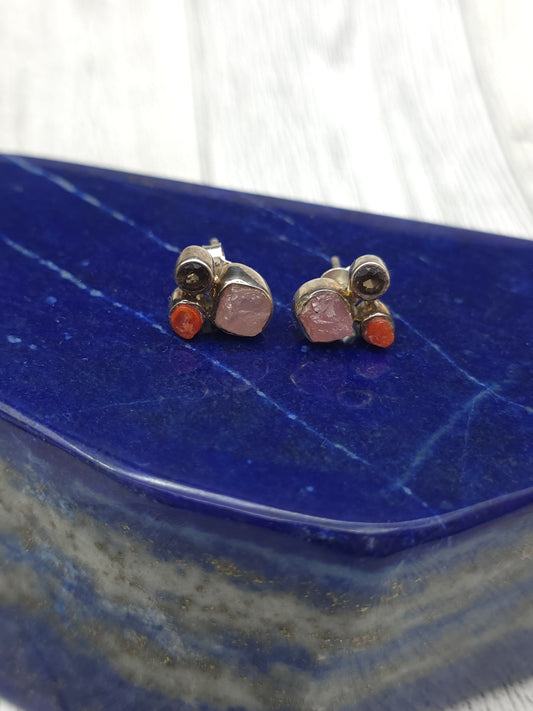 Rose Quartz Coral Smokey Quartz Post Earrings