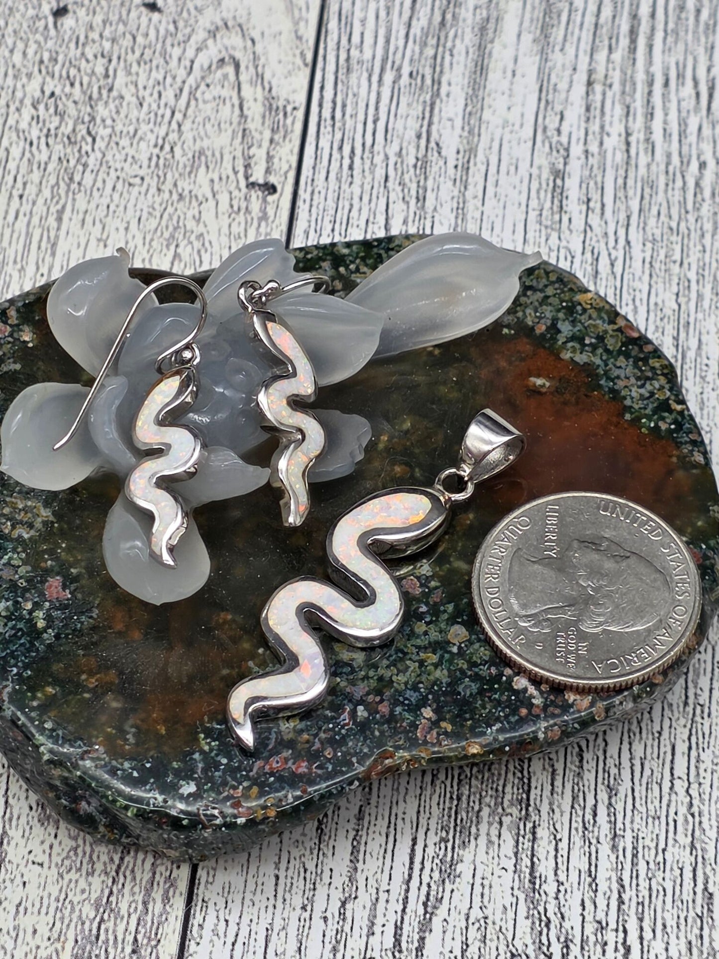 White Opal Snake Earring and Pendant Set - alternate view