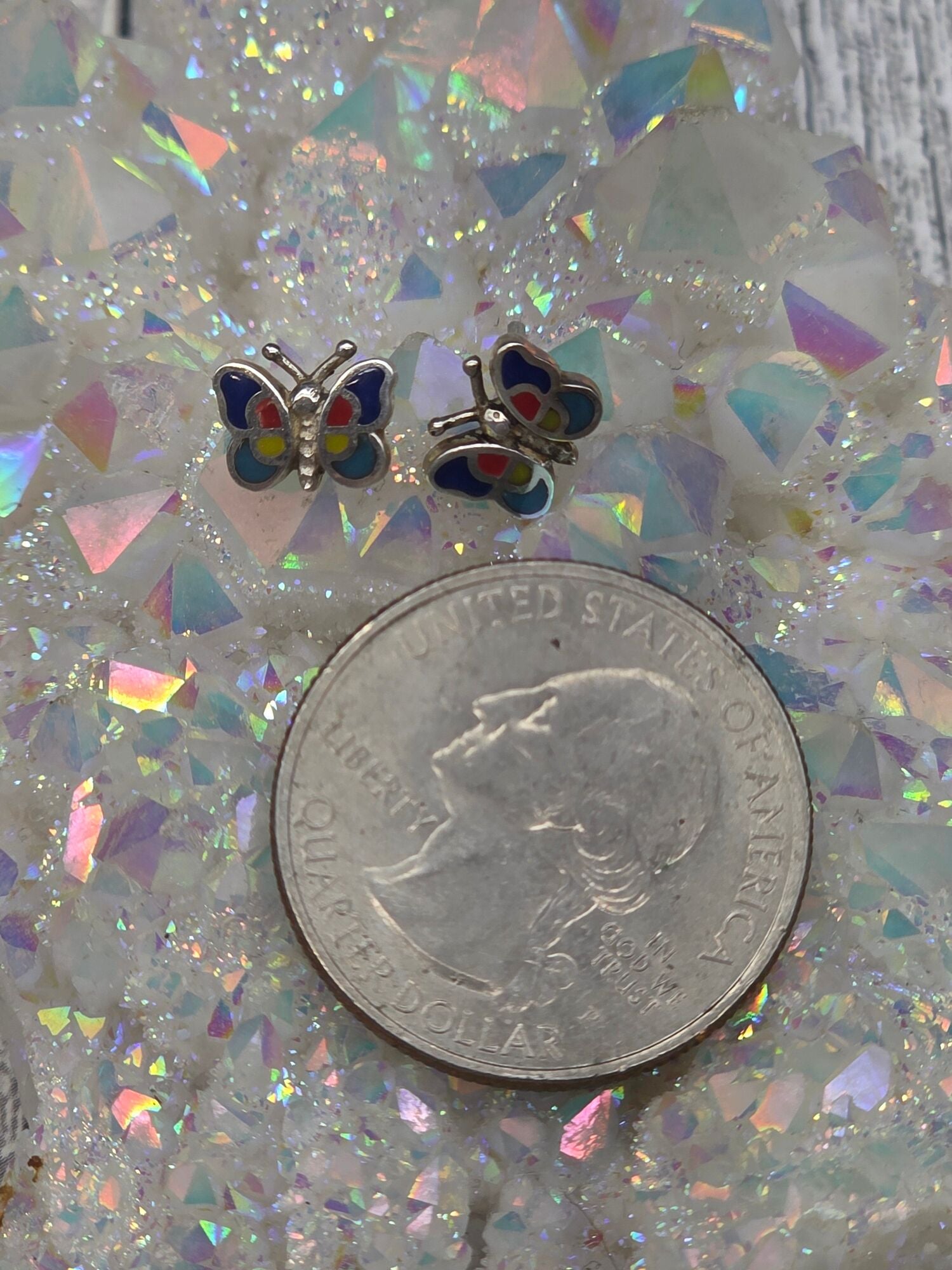 Gemstone Inlaid Butterfly Post Earrings - alternate view