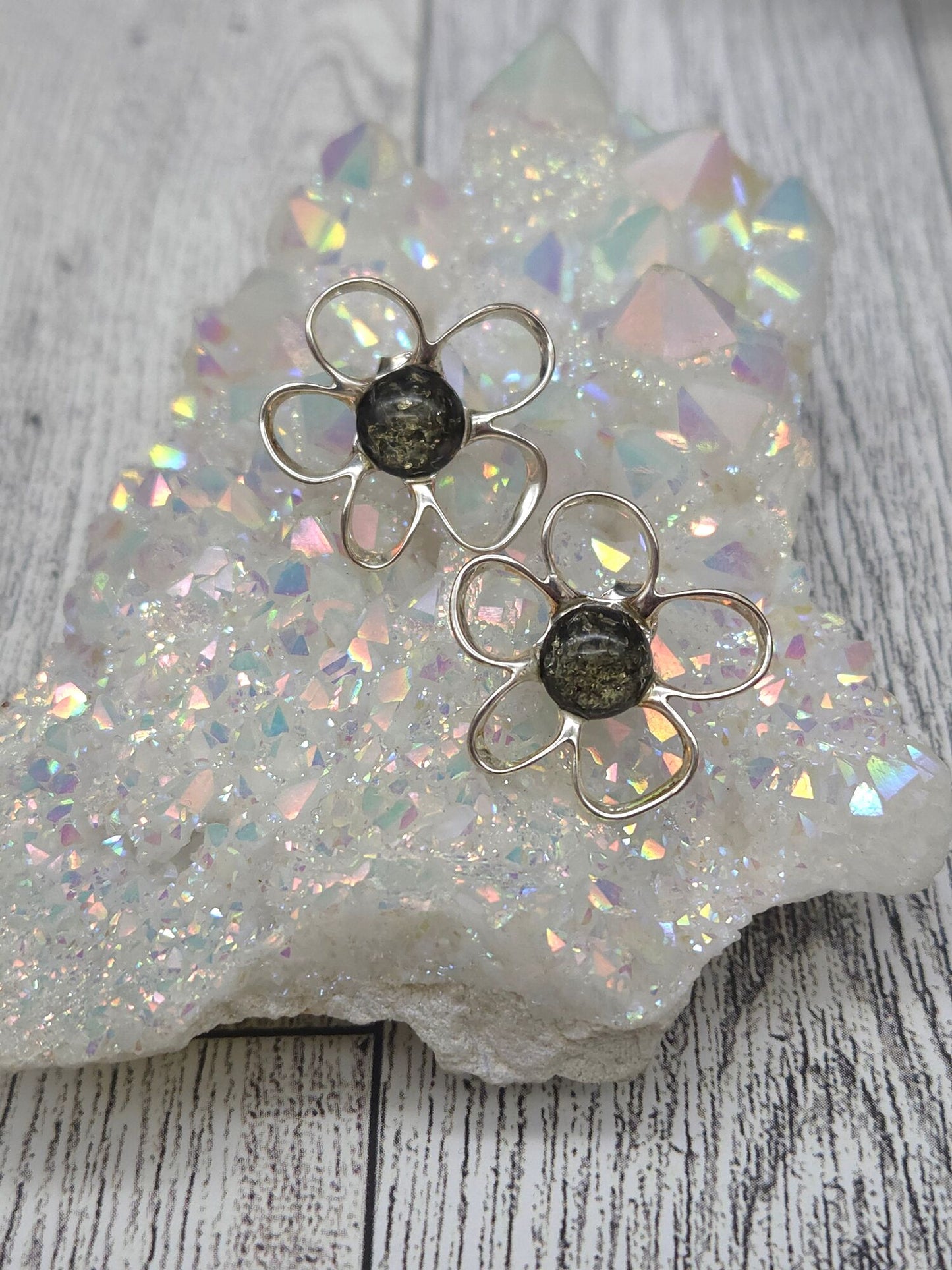 Green Amber Flower Post Earrings