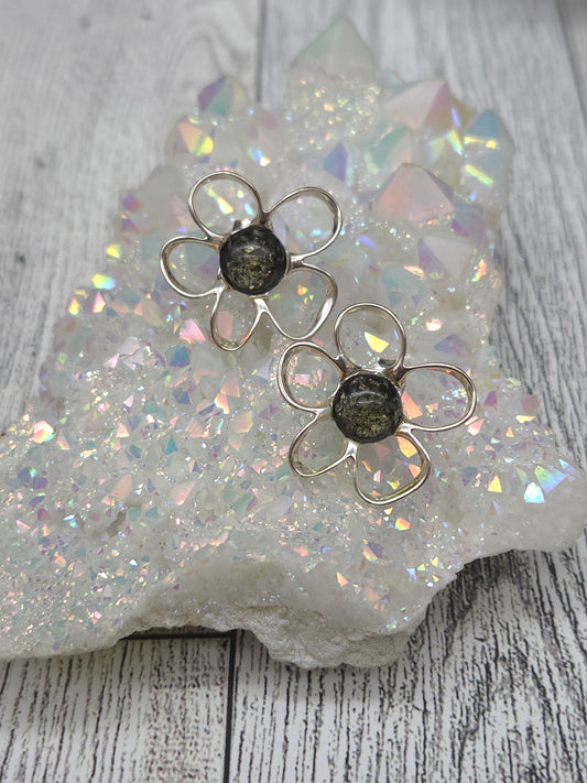 Green Amber Flower Post Earrings