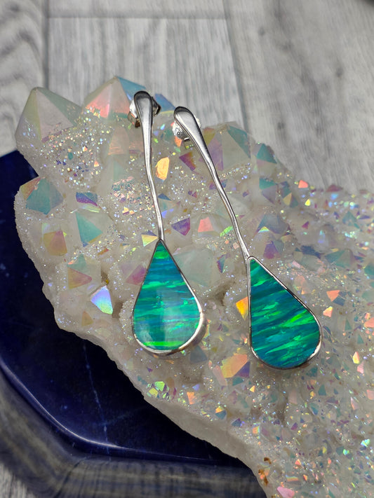 Green Opal Tear Drop Post Dangle Earrings