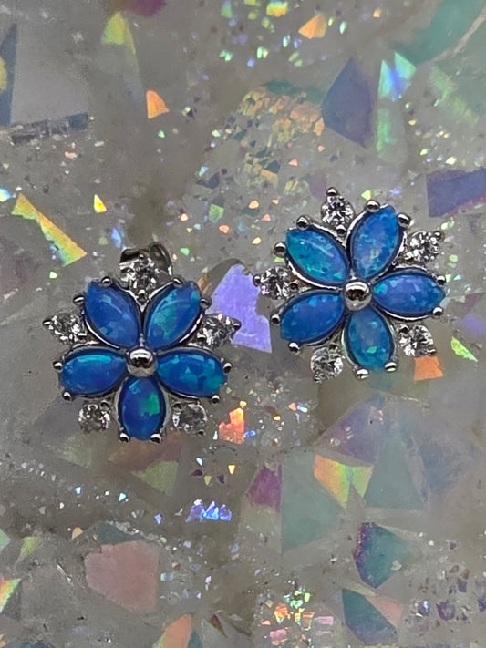 Blue Opal & Cubic Zirconia Flower Post Earrings