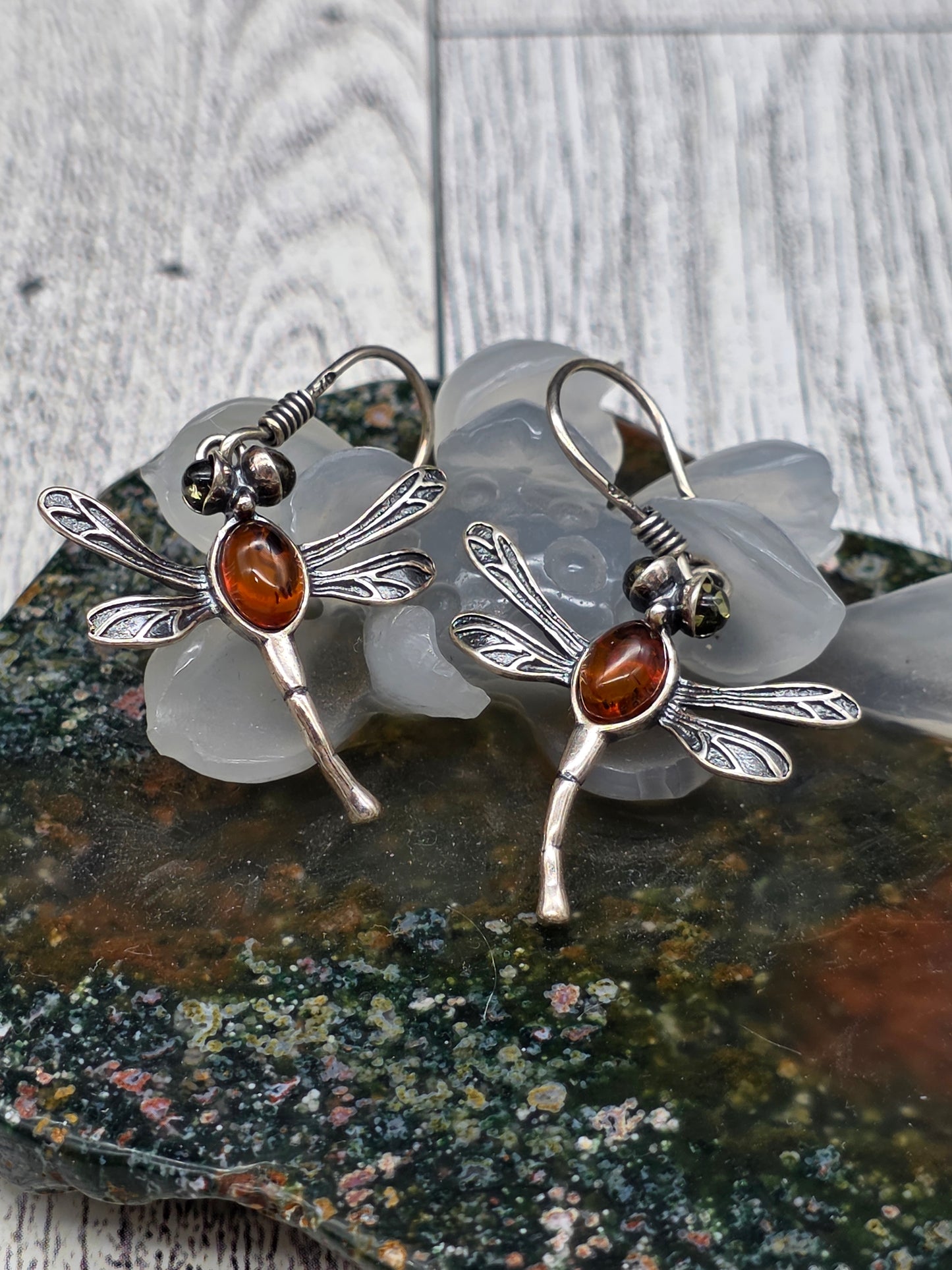 Amber Dragonfly Hook Earrings