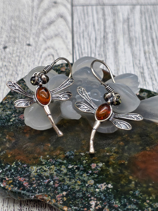 Amber Dragonfly Hook Earrings