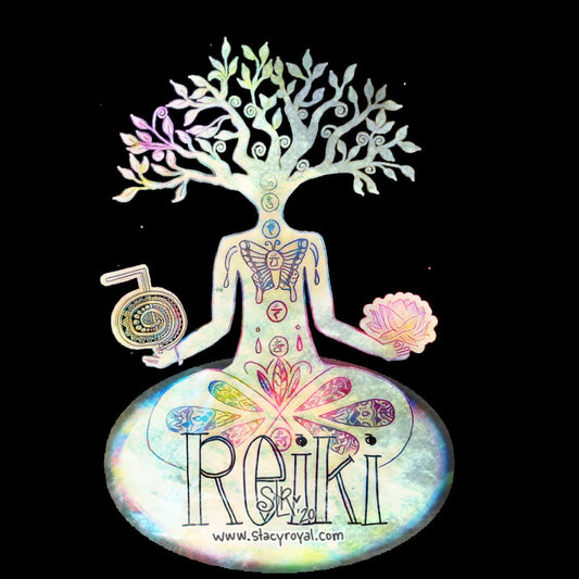 Meditating Chakra Reiki Lady Sticker - Cho Ku Rei - Lotus - Tree of Life - Collaboration Infused with Healing Energy Rainbow Grunge Spirals Love