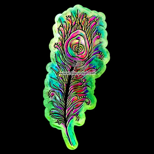 Reiki Peacock Feather Sticker Bright Green with Pink and Purple Accents