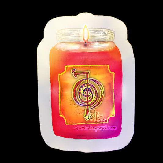 Candle labeled with Cho Ku Rei Vinyl Sticker Infused With Beautiful Reiki Healing Energy Water Bottle Decal Glowing Red Orange Reflection