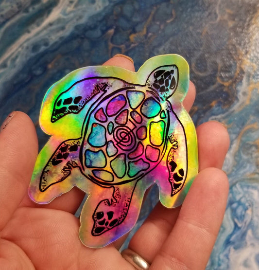 Holographic Animal Reiki Sticker - Sea Turtle Original Hand Drawn with Cho Ku Rei Symbol Vinyl infused with ReikiHealing Energy Ocean