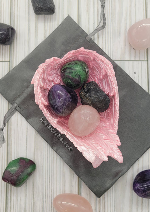 Overcoming Grief crystal tumble set with rose quartz, amethyst, ruby zoisite, and apache tear