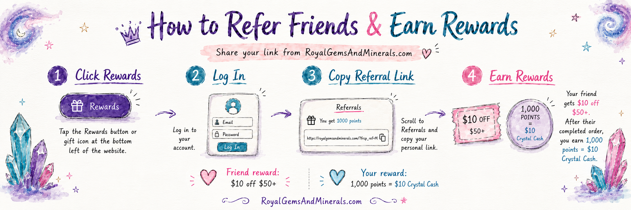 How to refer friends and earn Crystal Cash rewards at Royal Gems and Minerals