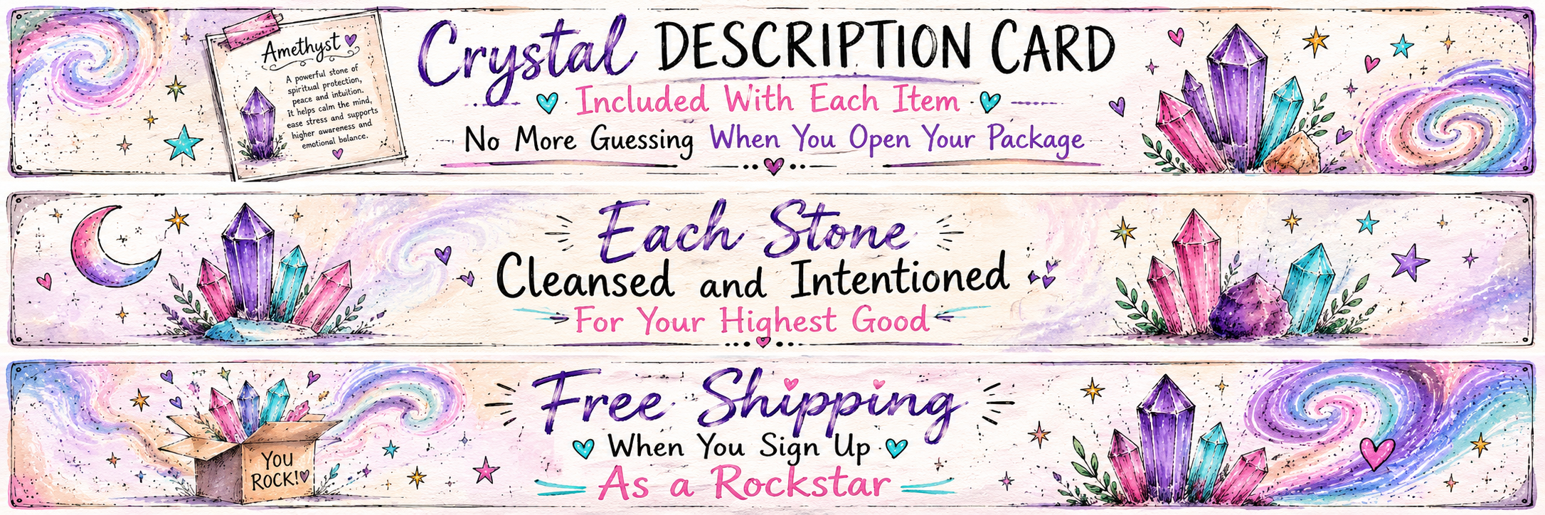 Crystal description card included with each item, each stone cleansed and intentioned, and free shipping when you sign up as a Rockstar