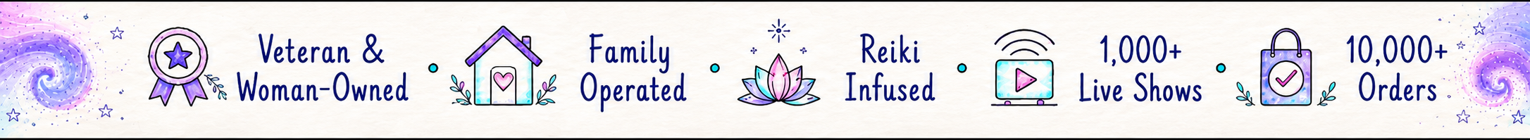 Veteran and woman-owned, family operated, Reiki infused, 1,000+ live shows, 10,000+ orders.